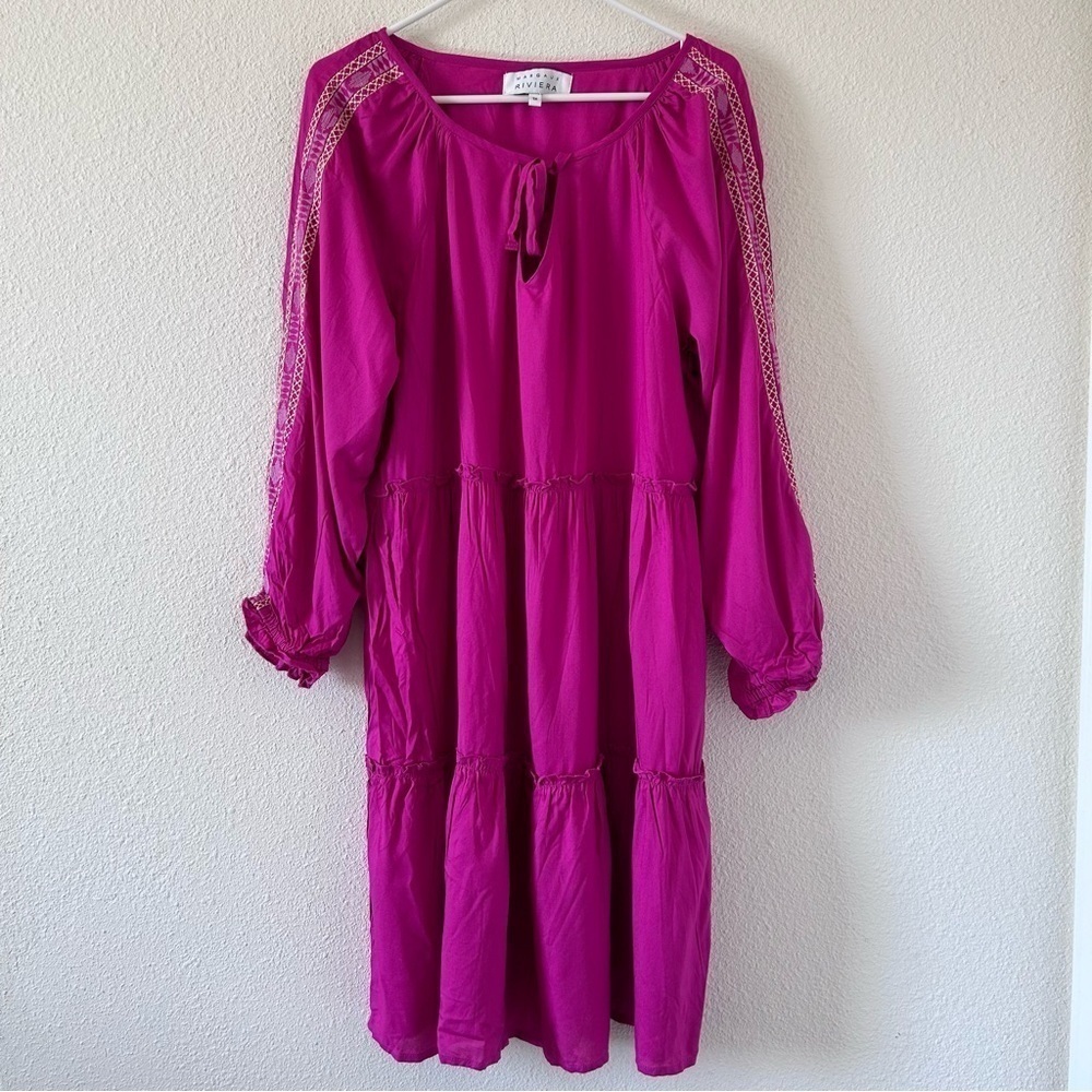 MARGAUX RIVIERA Women’s Dress 1X Pink Bell Sleeve Embroidered Tiered Frill Boho